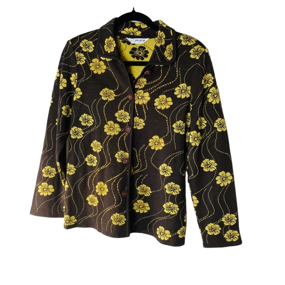 Vintage Brown and Yellow Sweater Button Up with Metallic Stitch/Flowers Size M/L - Picture 1 of 9